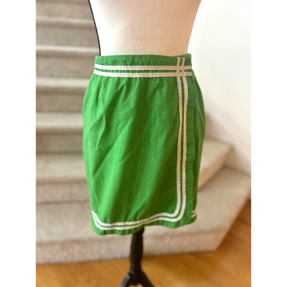 Vintage Late 50s Early 60s Green & White Grosgrain Ribbon Mini Wrap Skirt - Picture 1 of 8
